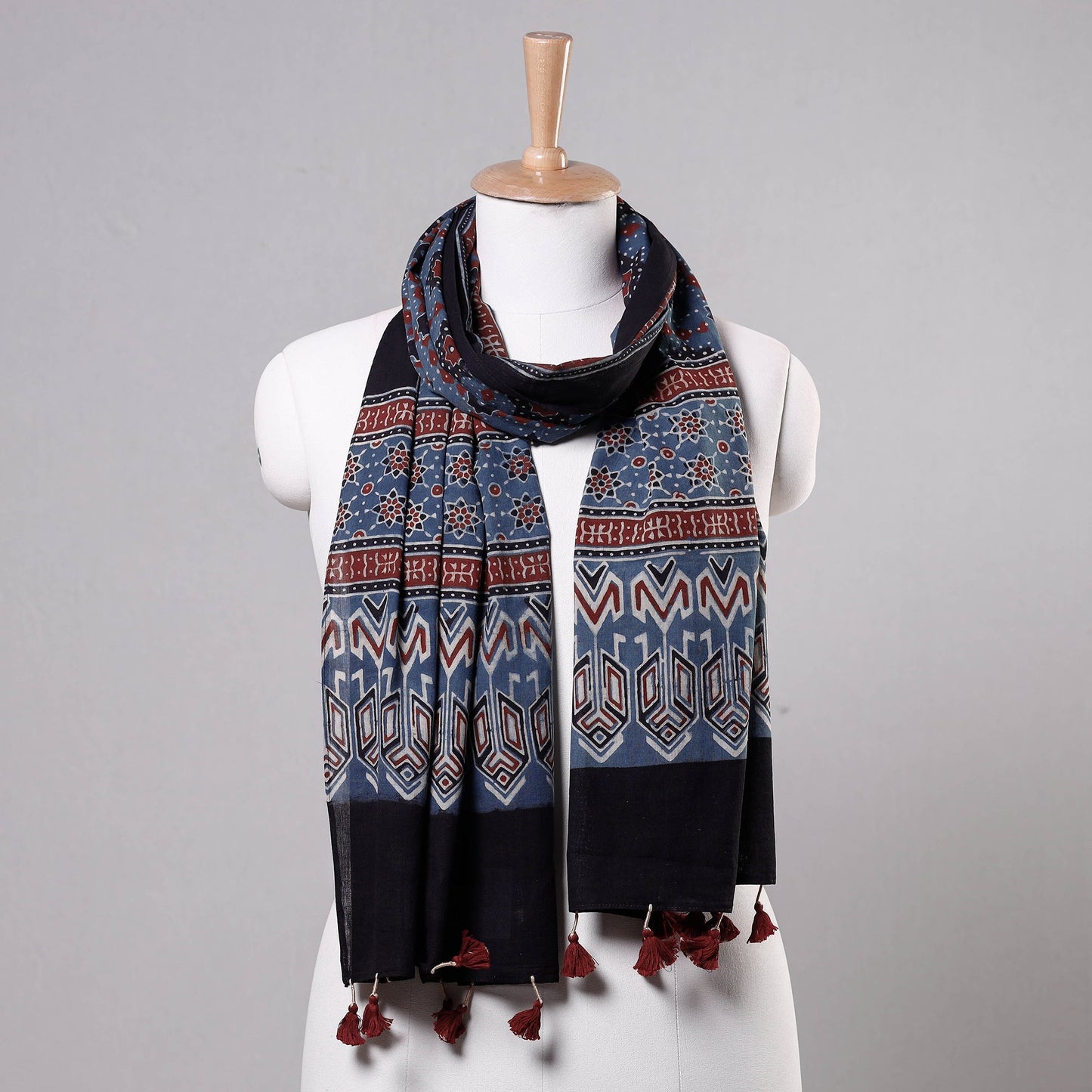 Buy Ajrakh Block Printed Mul Cotton Stole with Tassels Online at iTokri.com
