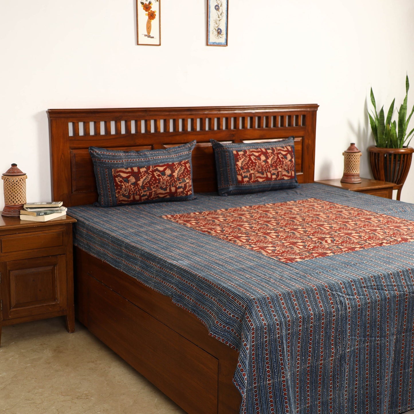 Ajrakh Block Printed Patchwork Cotton Double Bed Cover with Pillow Covers