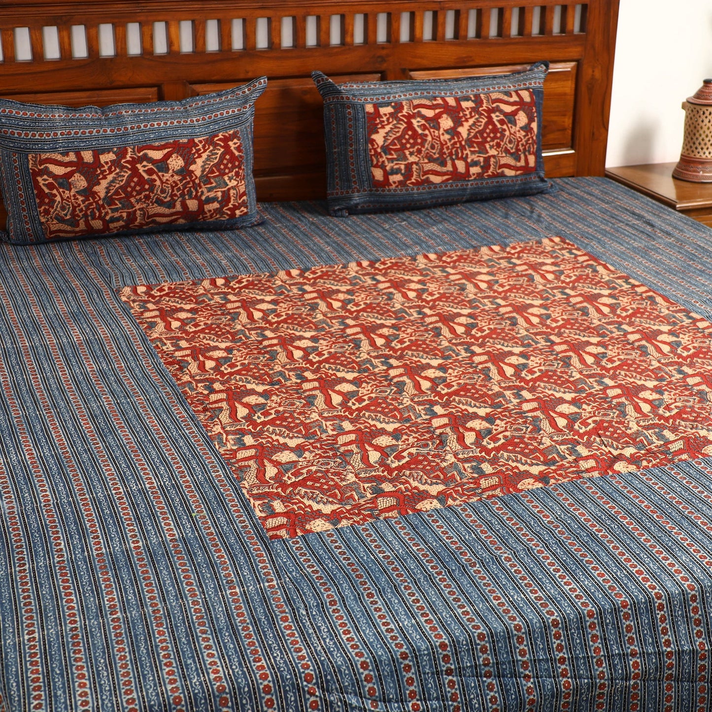 Ajrakh Block Printed Patchwork Cotton Double Bed Cover with Pillow Covers