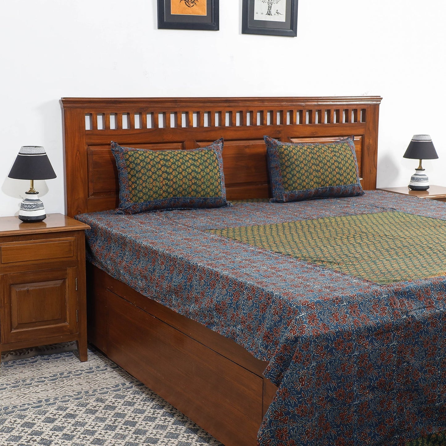 Ajrakh Patch Tukdi Kaam Cotton Double Bed Cover with Pillow Covers