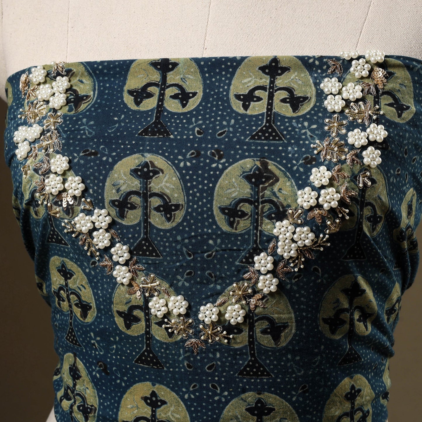 Blue - hand embroidery cotton blouse piece 04 - handcrafted