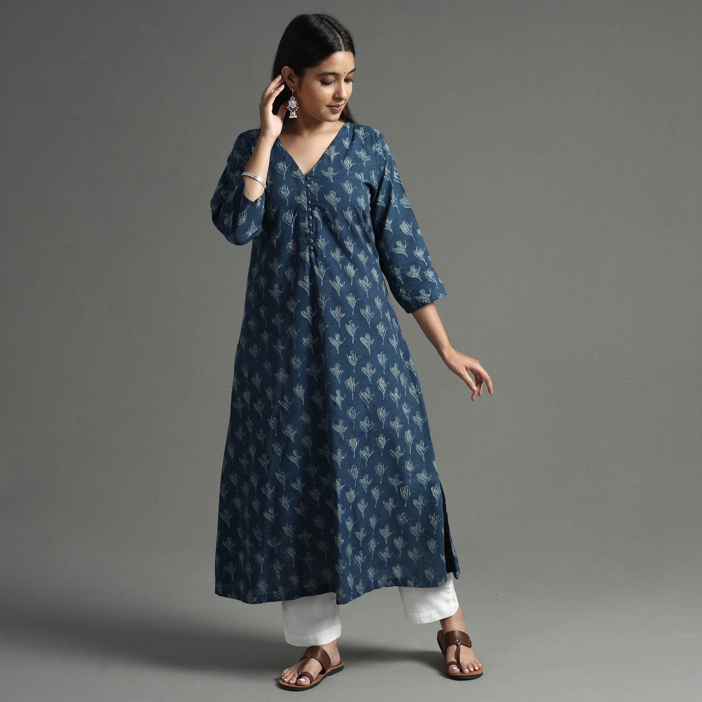 Akola Block Printed Cotton A-Line Long Kurta