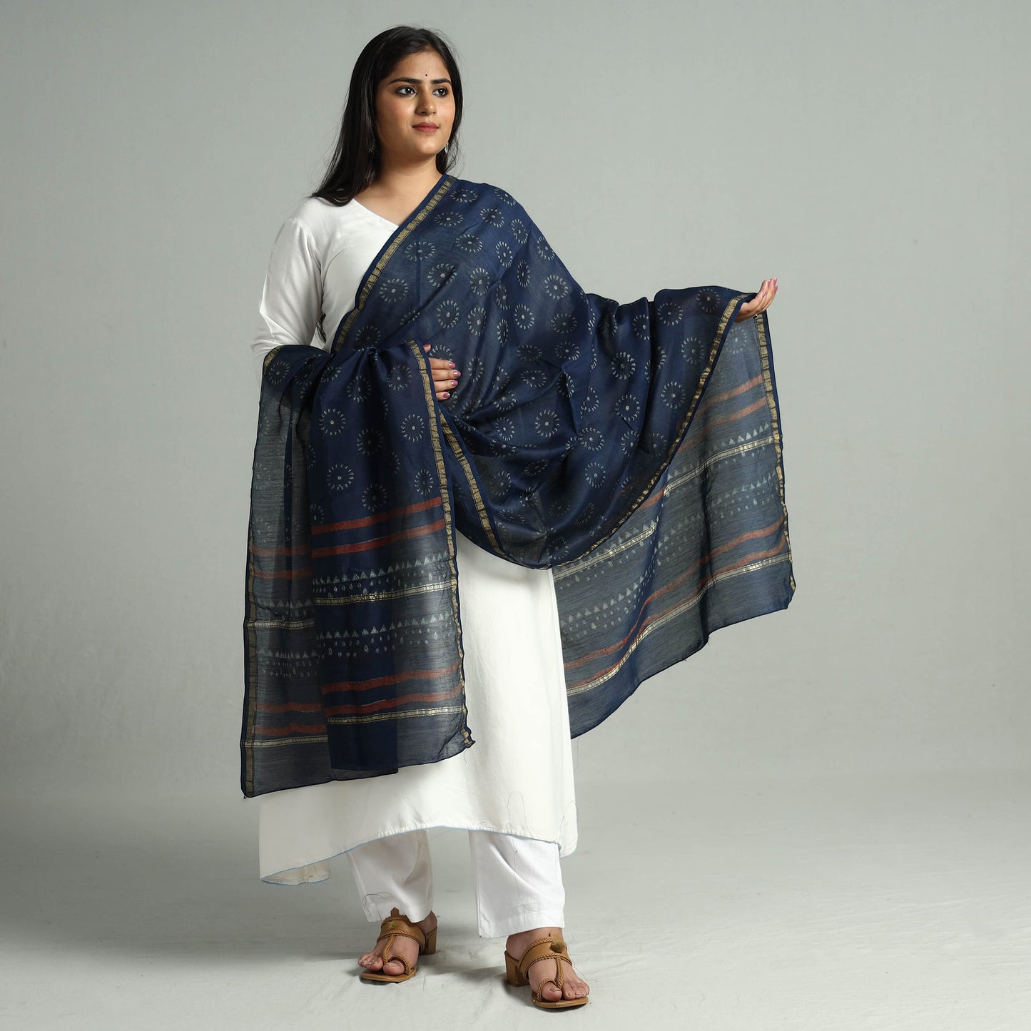 Akola Dabu Block Printed Handloom Chanderi Silk Dupatta 23