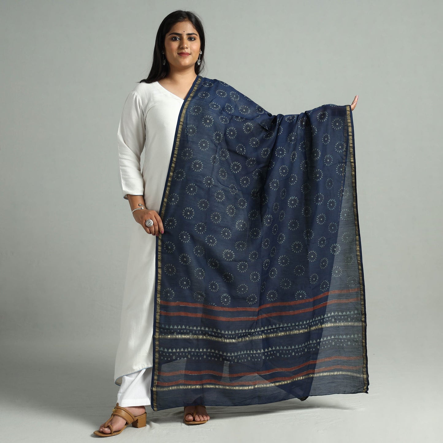 Akola Dabu Block Printed Handloom Chanderi Silk Dupatta 23