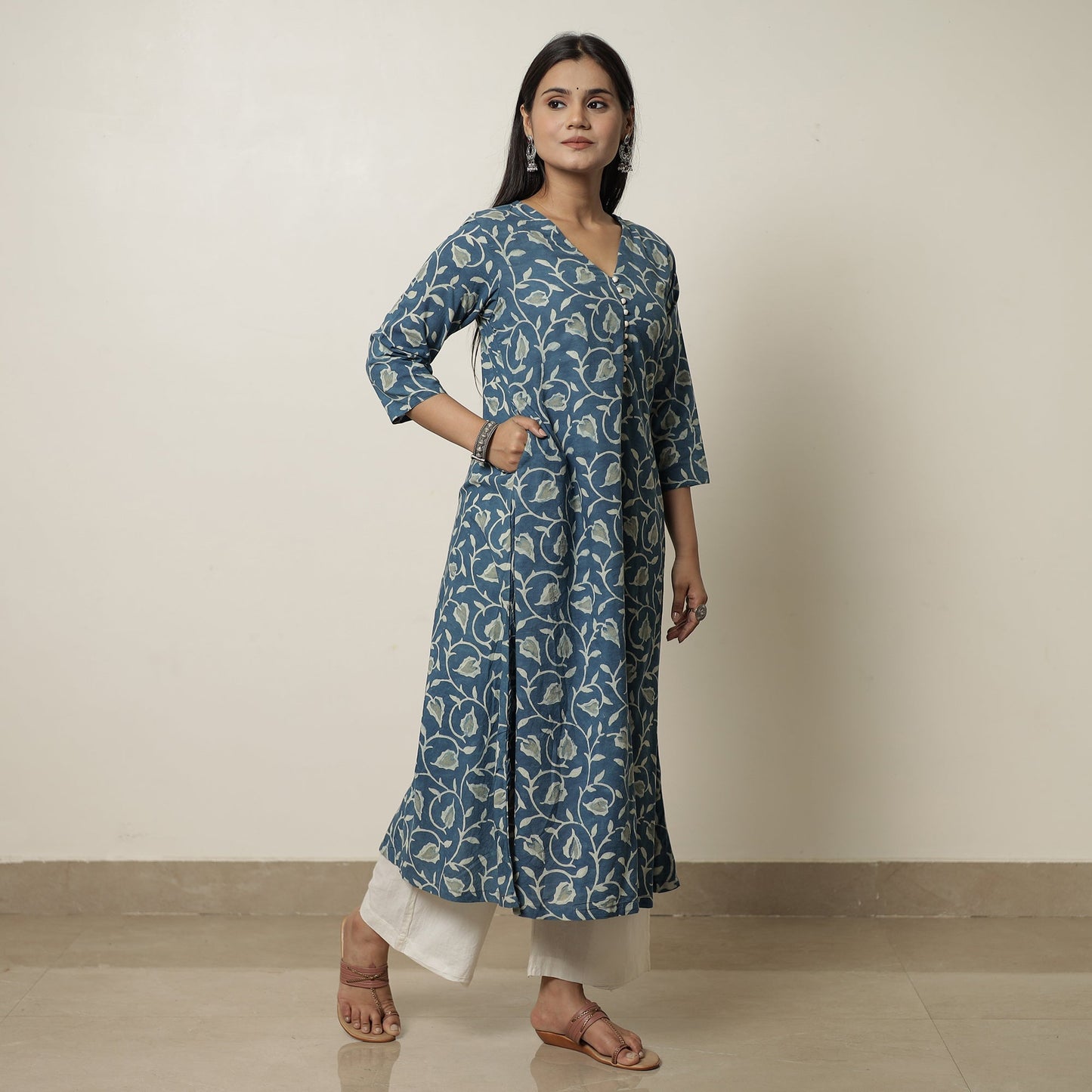 Blue - Akola Hand Block Printed Cotton A-Line Kurta 07 Online