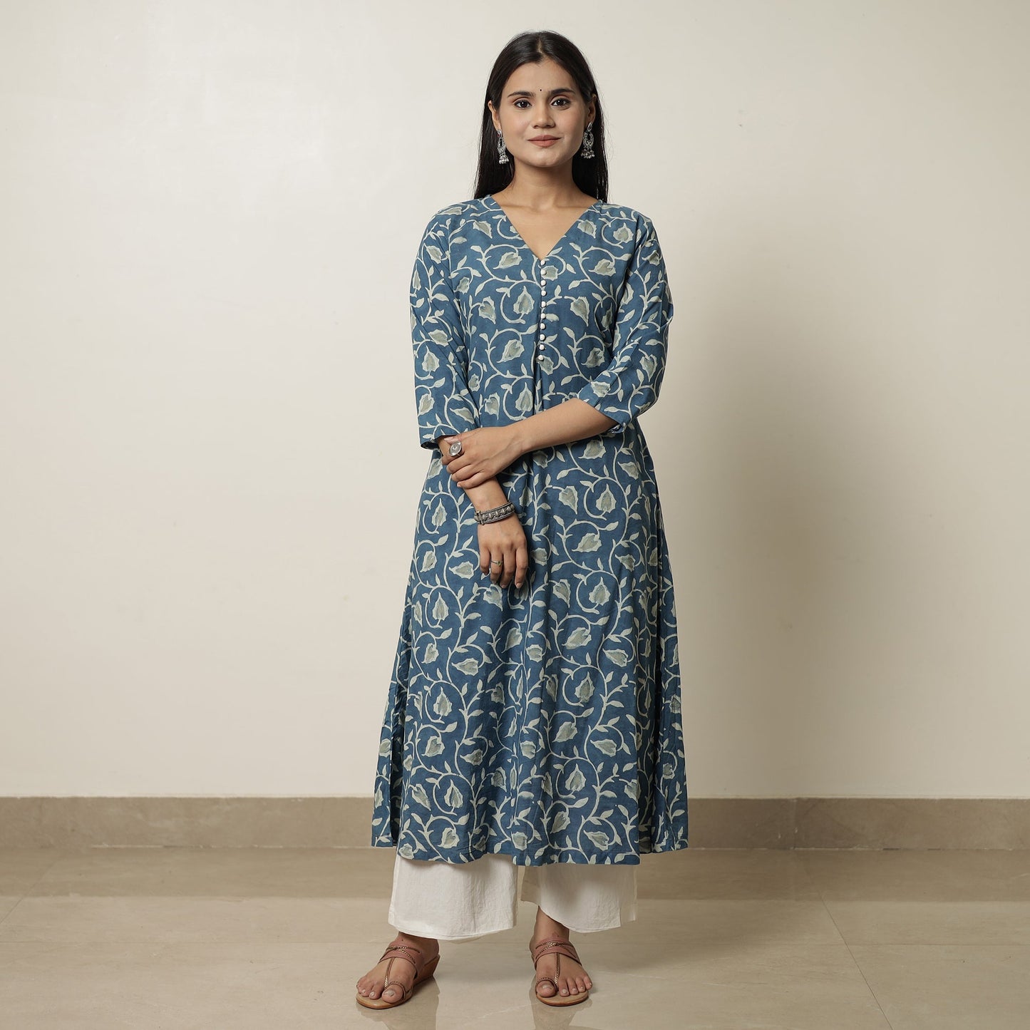 Blue - Akola Hand Block Printed Cotton A-Line Kurta 07 Online