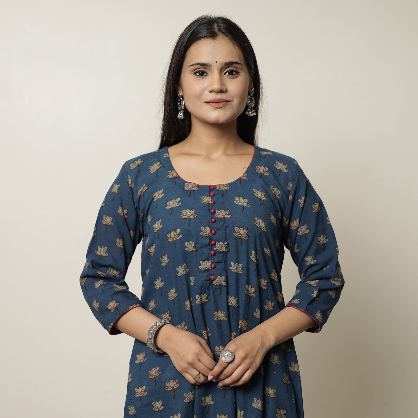Blue - Akola Hand Block Printed Cotton A-Line Kurta 25