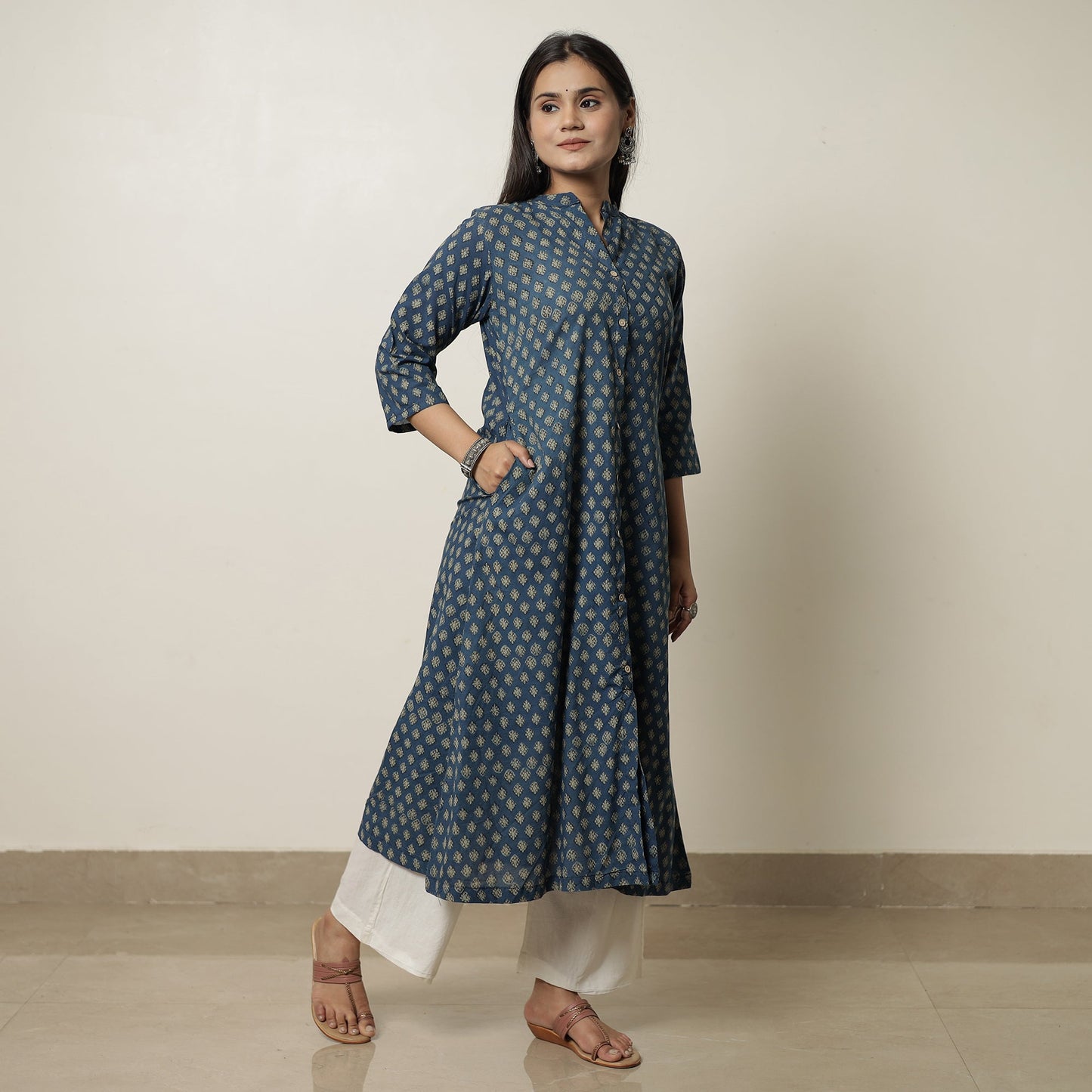 Akola Hand Block Printed Cotton Long A-Line Kurta 18 Online