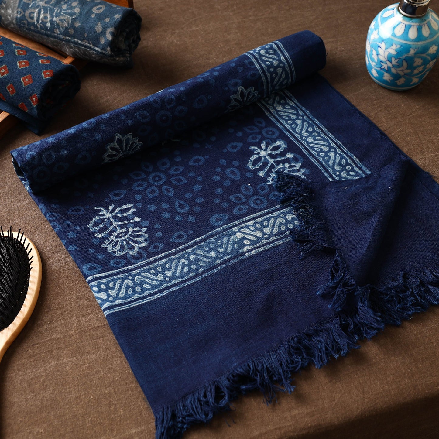 Blue Akola Block Printed Pure Handloom Cotton Towel