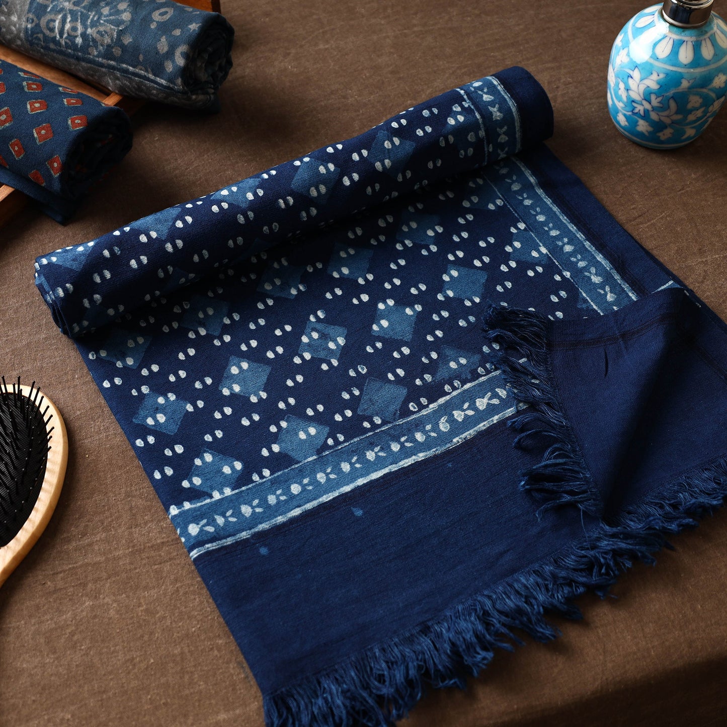 Blue Akola Block Printed Pure Handloom Cotton Towel