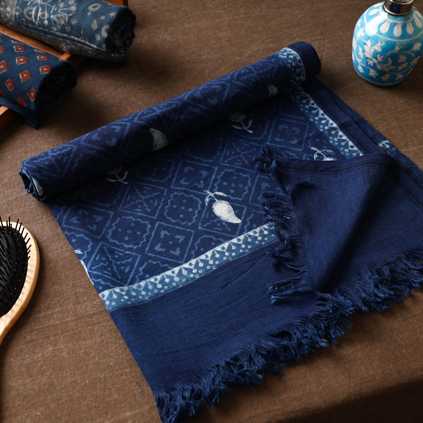 Blue Akola Block Printed Pure Handloom Cotton Towel