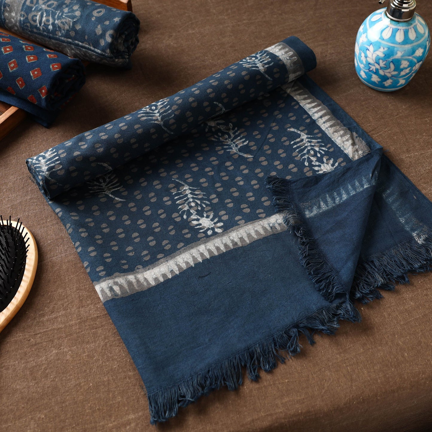Blue Akola Block Printed Pure Handloom Cotton Towel