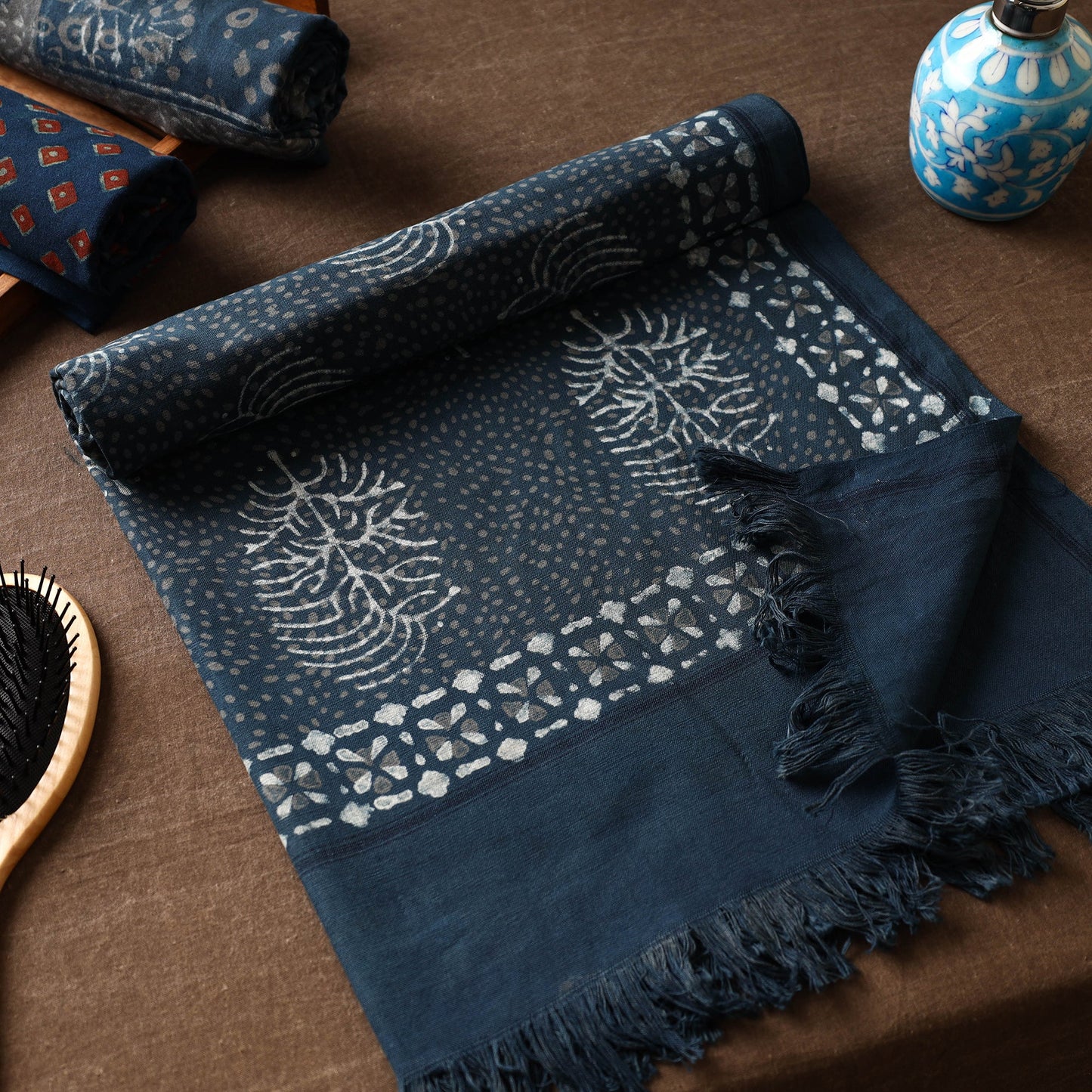 Blue Akola Block Printed Pure Handloom Cotton Towel