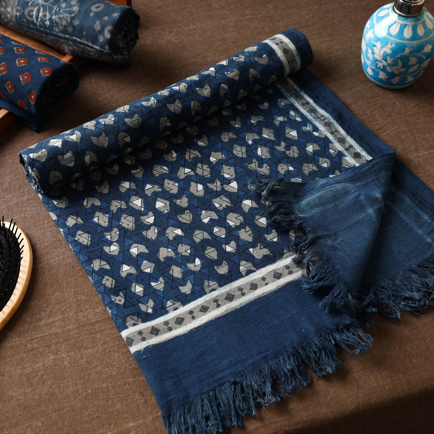 Blue Akola Block Printed Pure Handloom Cotton Towel