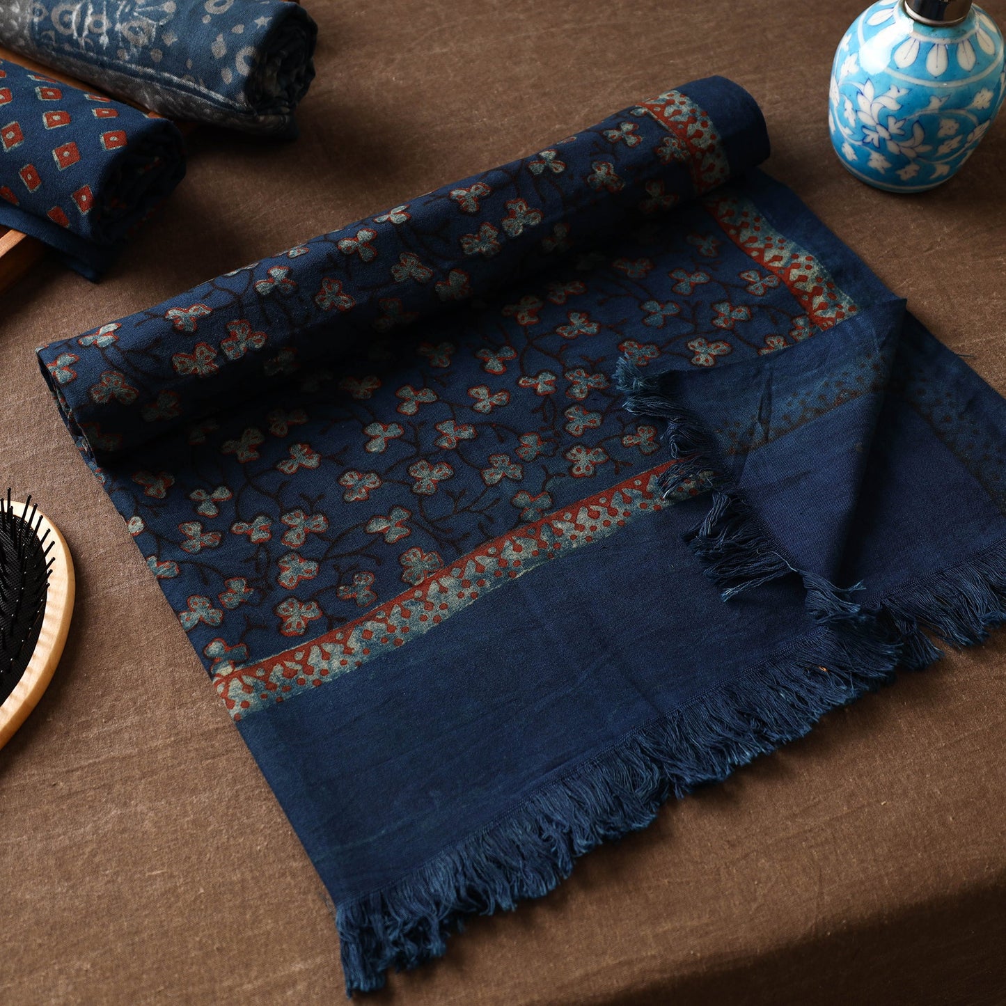 Blue Akola Block Printed Pure Handloom Cotton Towel
