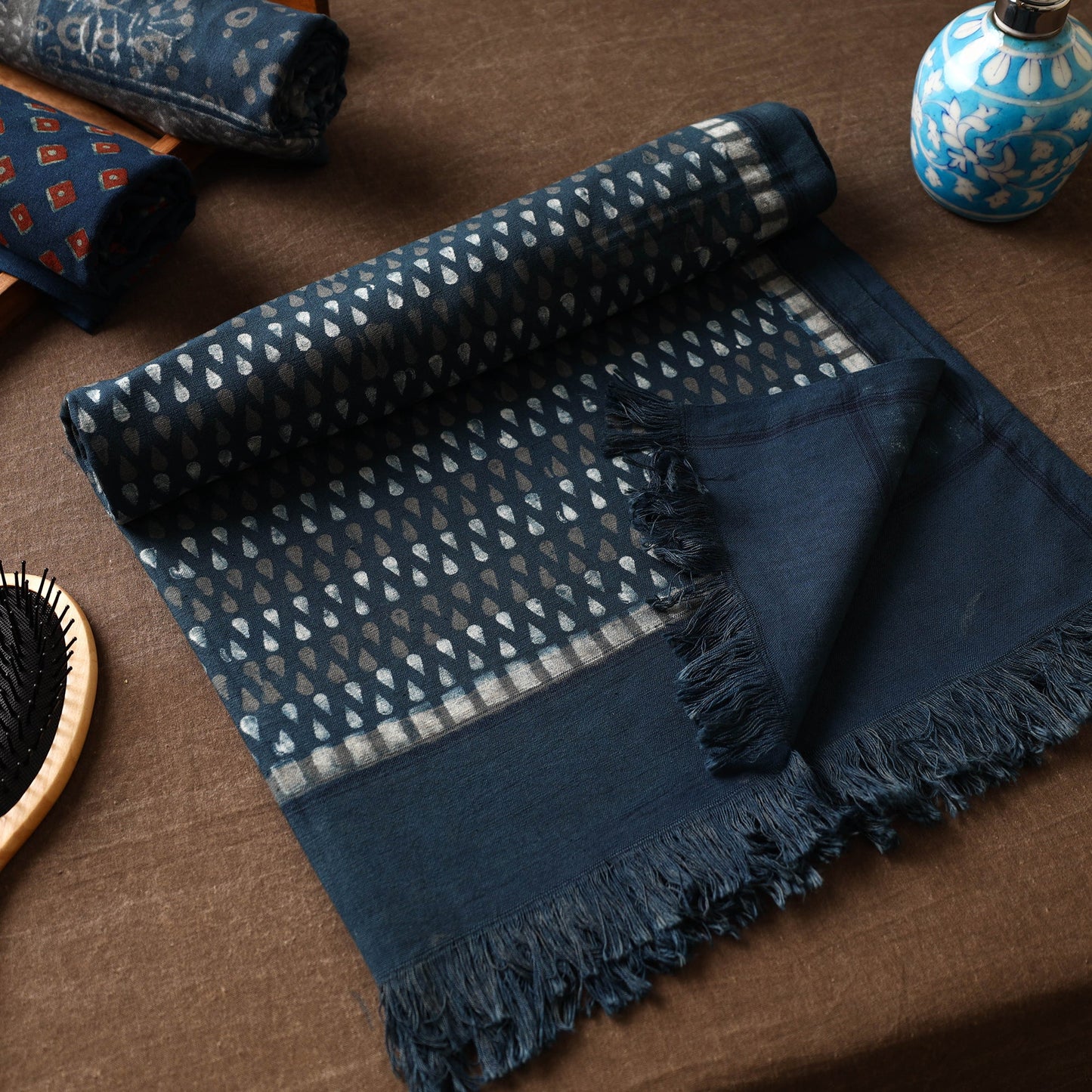 Blue Akola Block Printed Pure Handloom Cotton Towel