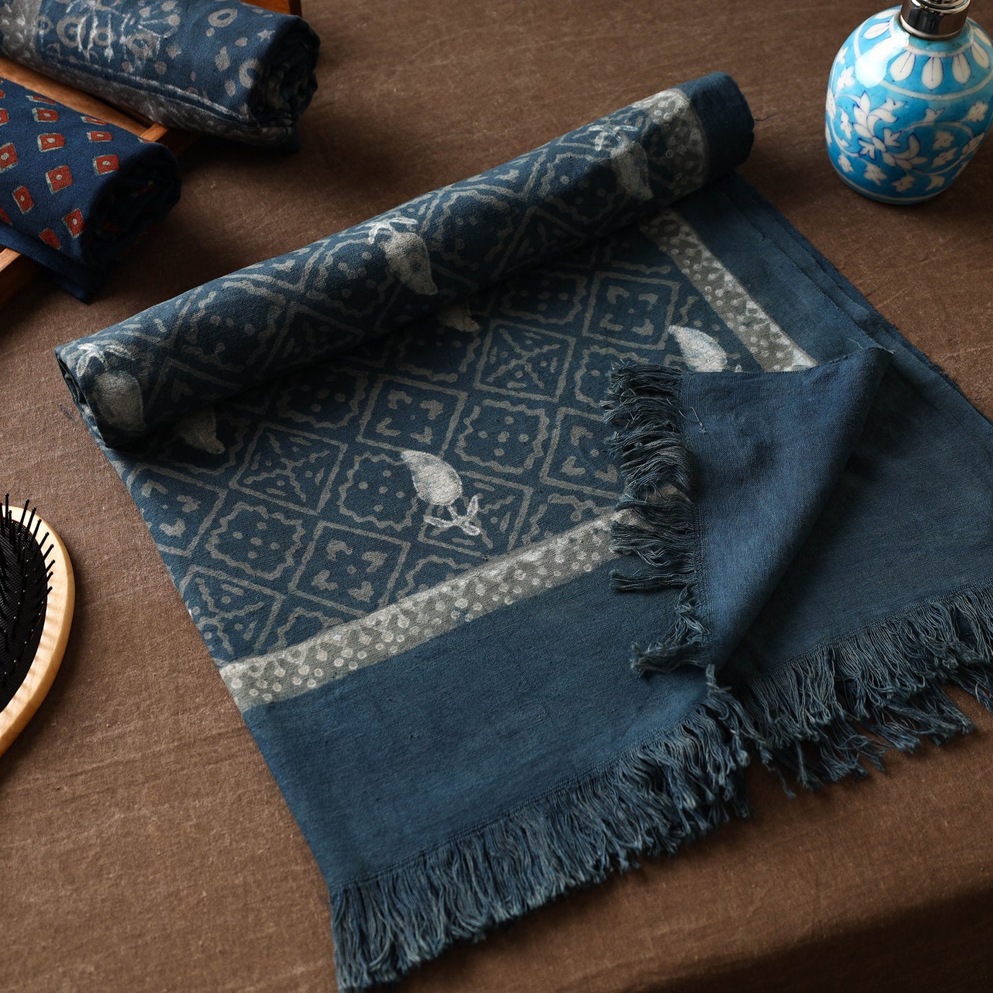 Blue Akola Block Printed Pure Handloom Cotton Towel