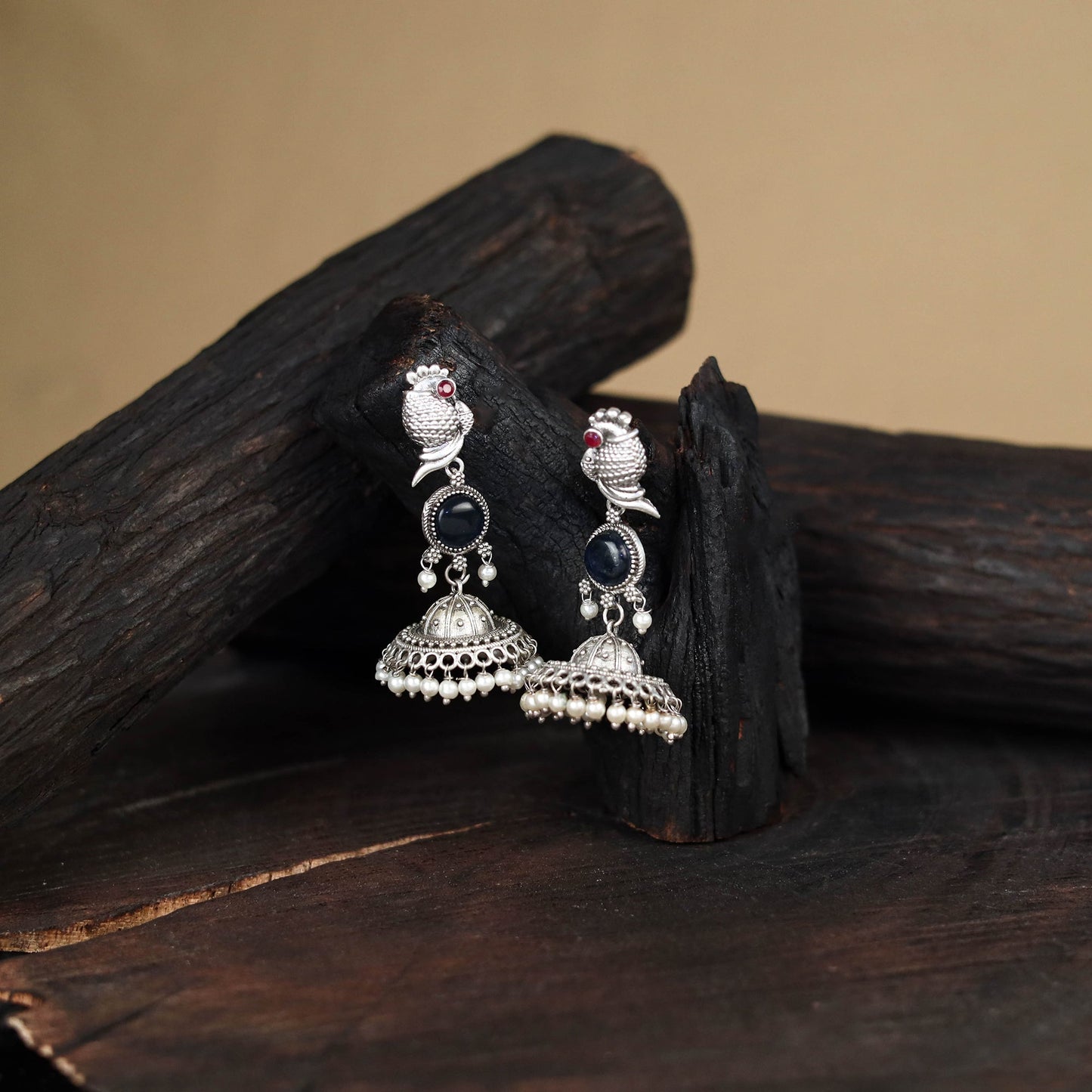 Blue - antique silver finish oxidised stone work jhumka