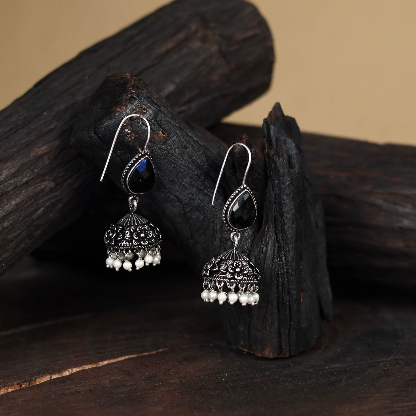 Blue - antique silver finish oxidised stone work jhumka