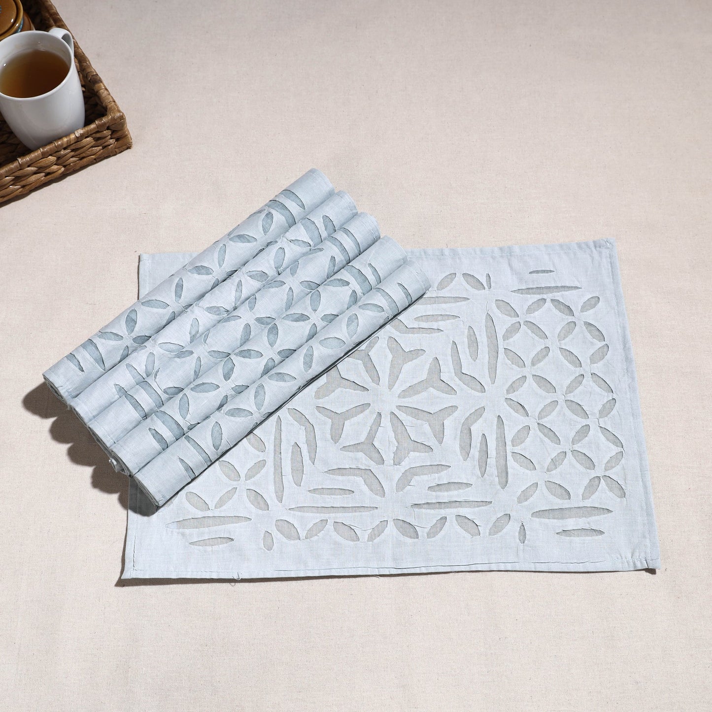 Blue Applique Cut Work Cotton Table Mats (set of 6)