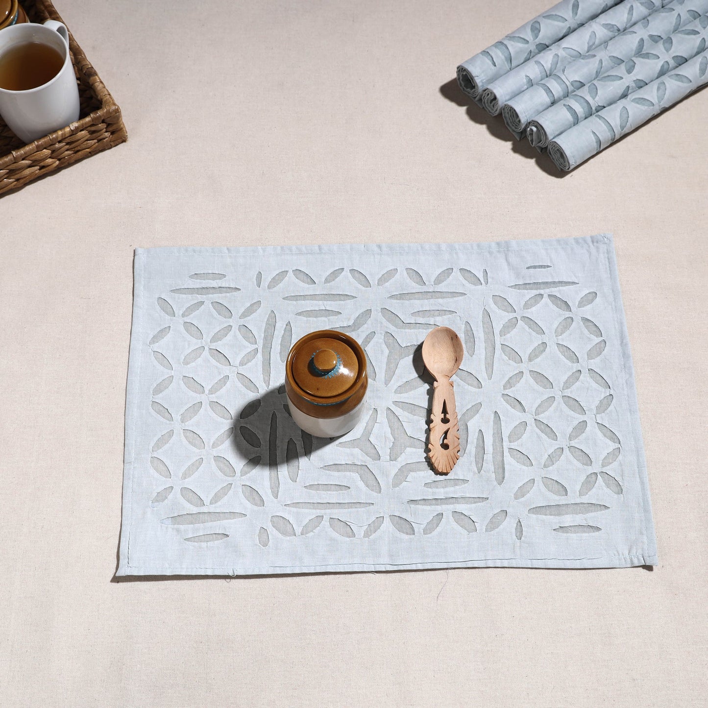 Blue Applique Cut Work Cotton Table Mats (set of 6)