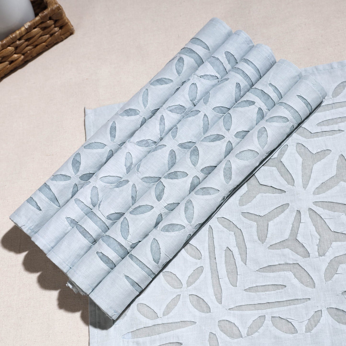 Blue Applique Cut Work Cotton Table Mats (set of 6)