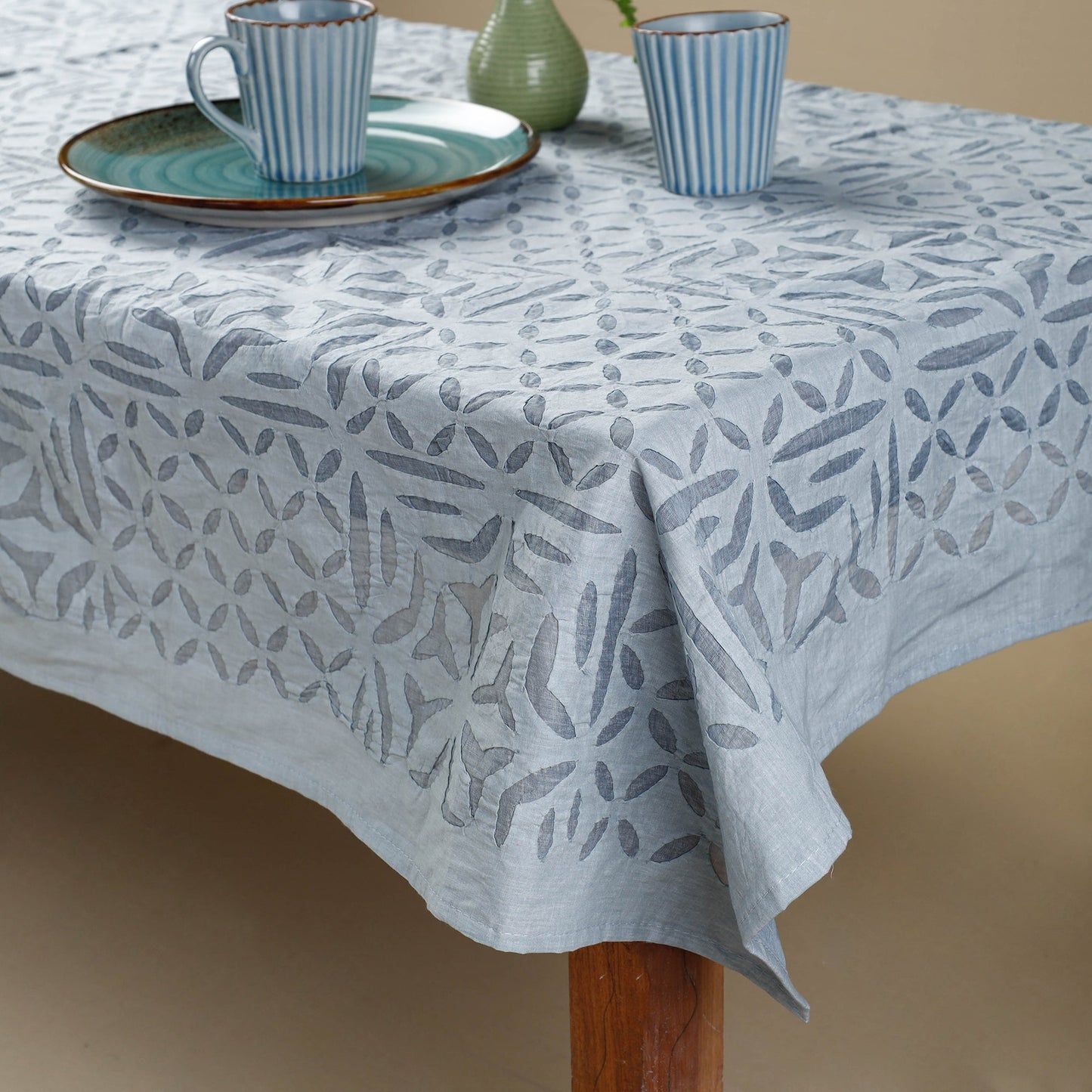 Blue Applique Cutwork Cotton Table Cover