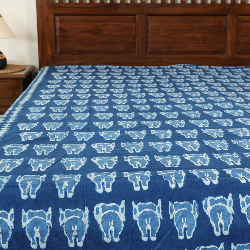 Blue - Block Art Print Cotton Double Bindaas Bed Sheet (110 x 93 in)