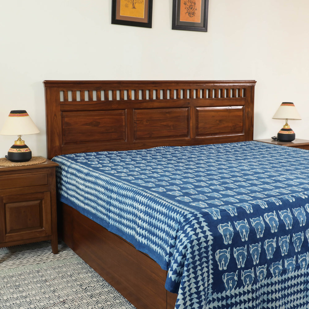 Blue - Block Art Print Cotton Double Bindaas Bed Sheet (110 x 93 in)