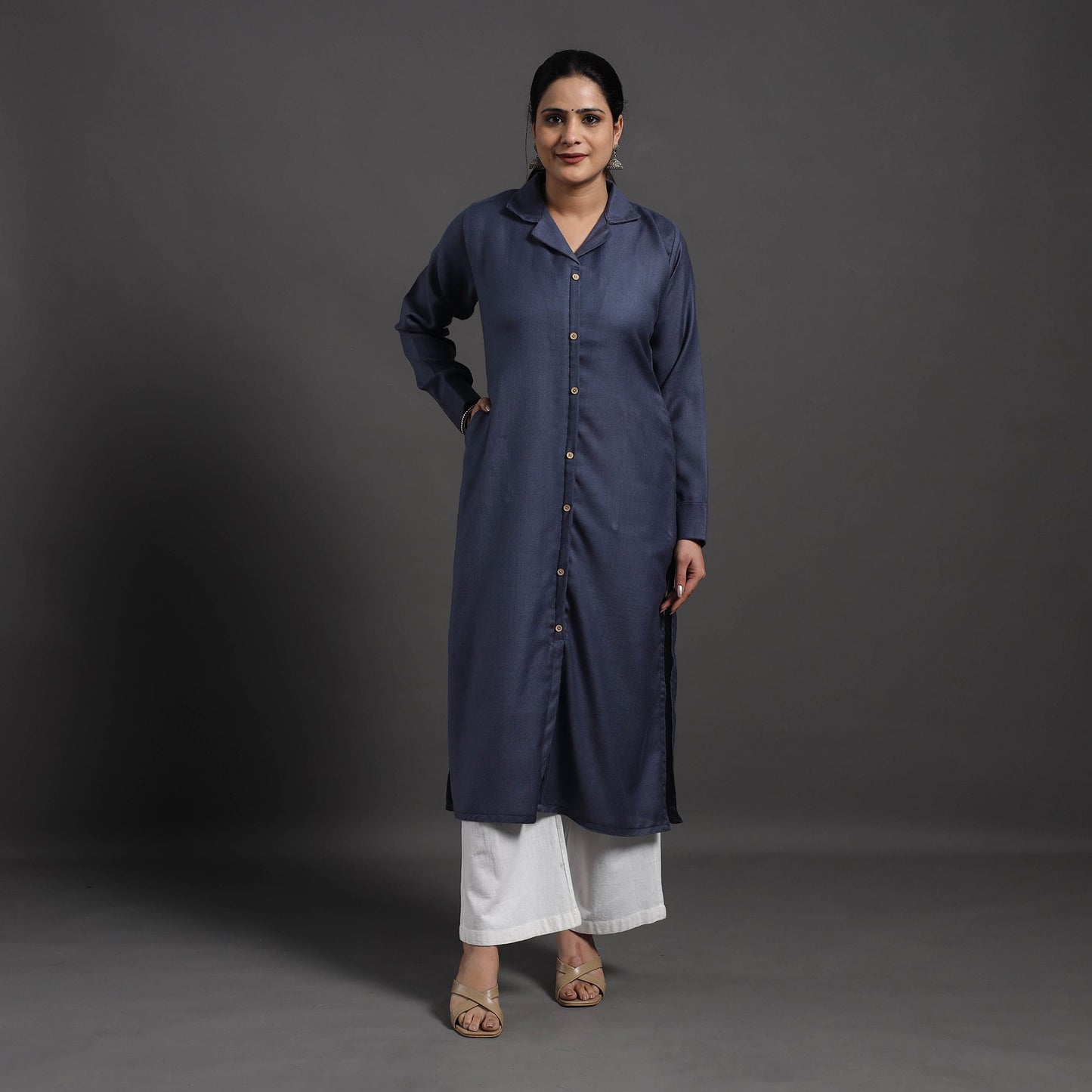 Blue Plain Merino Woolen Kurta for Women
