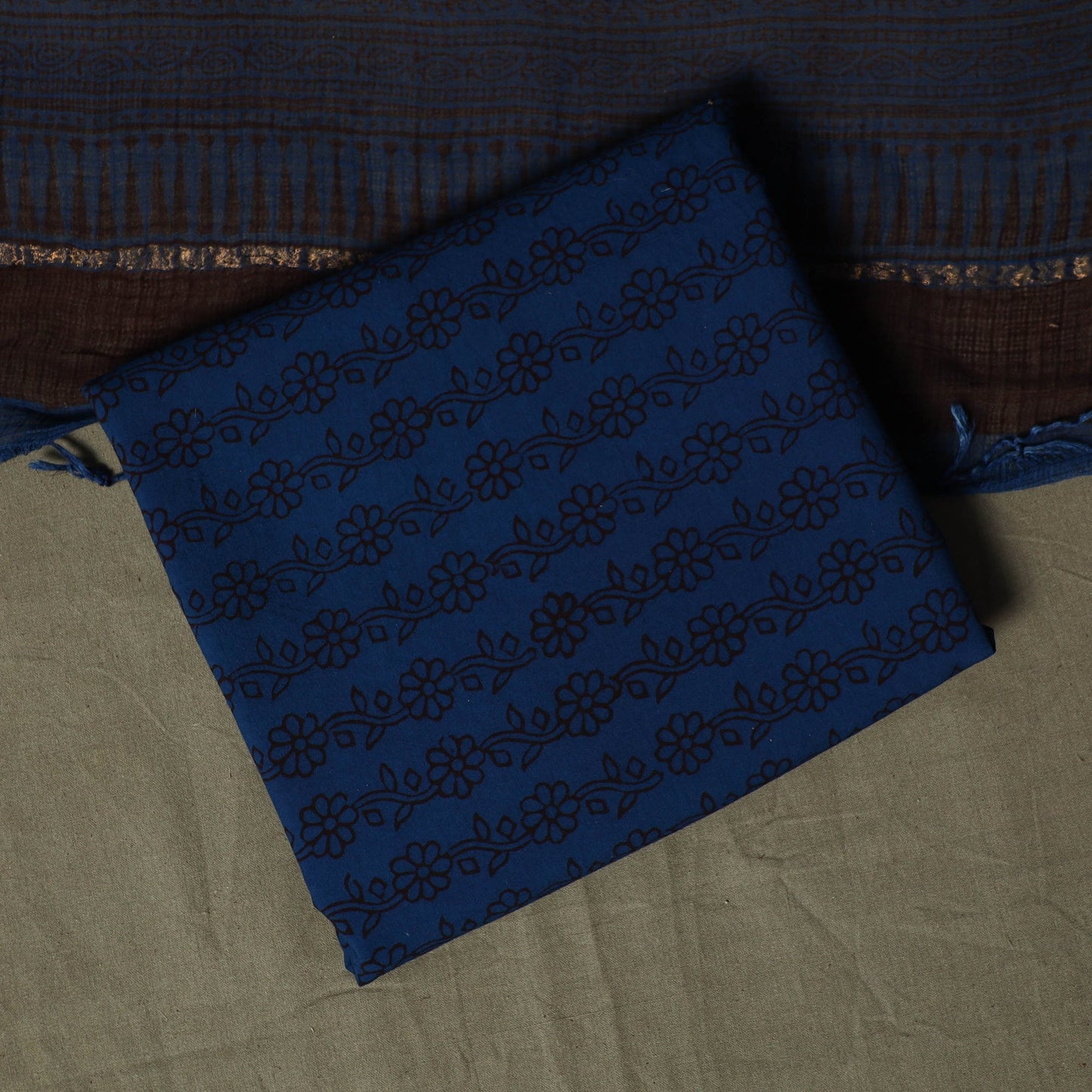 Bagh hand block print natural dyed kota doria cotton 3pc