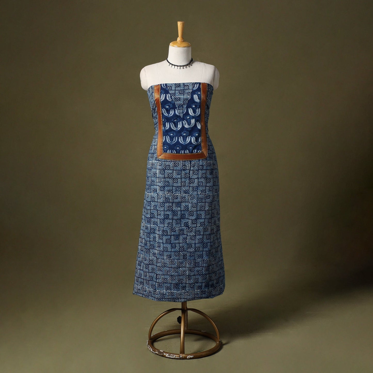 Blue Bagru Print Cotton Unstitched Kurta Material