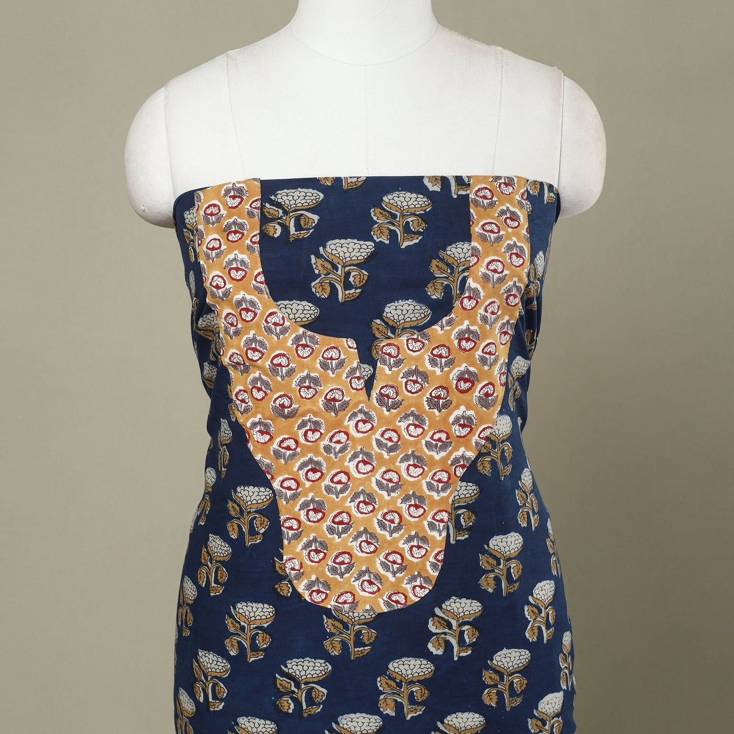 Buy Blue Bagru Print Patchwork Cotton Kurta Material