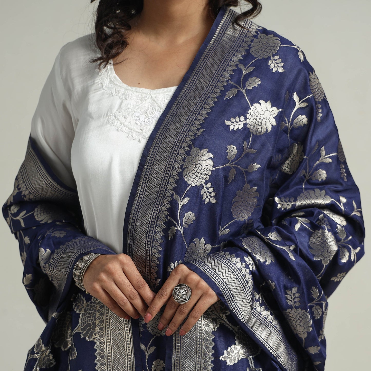 Blue - Banarasi Semi Silk Zari Jaal Dupatta with Tassels 09