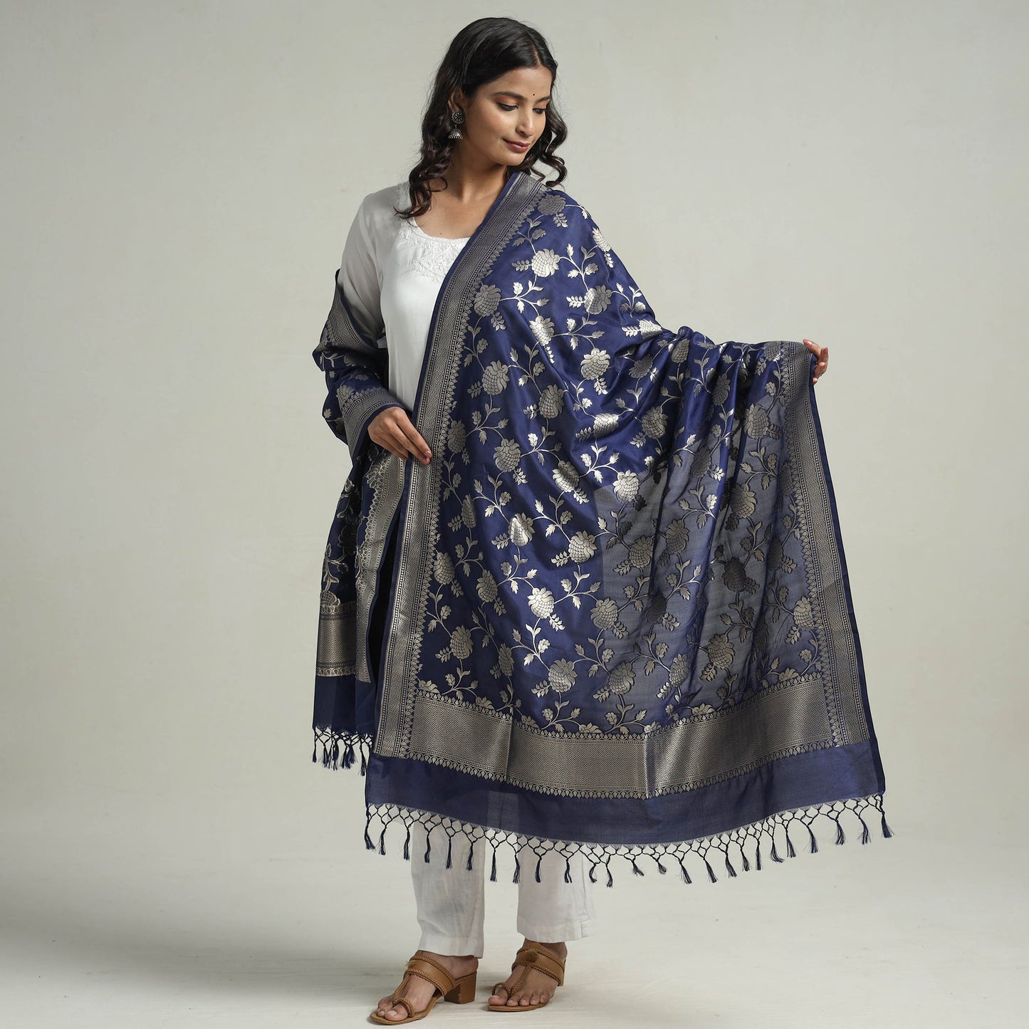 Blue - Banarasi Semi Silk Zari Jaal Dupatta with Tassels 09