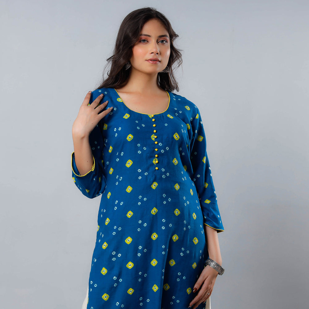 Navy Blue - Bandhani Tie-dye Cotton Long Straight Kurta 08