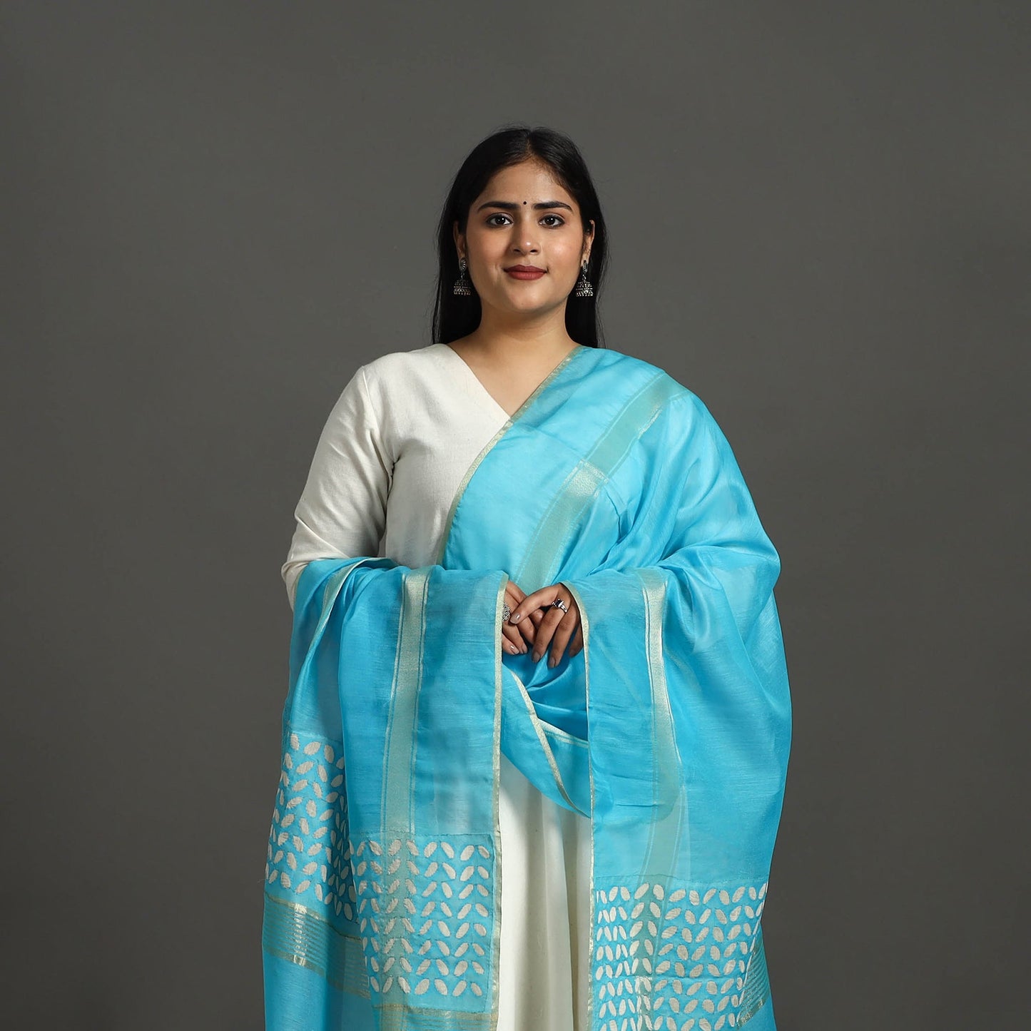 Blue - Barmer Applique Work Chanderi Silk Dupatta