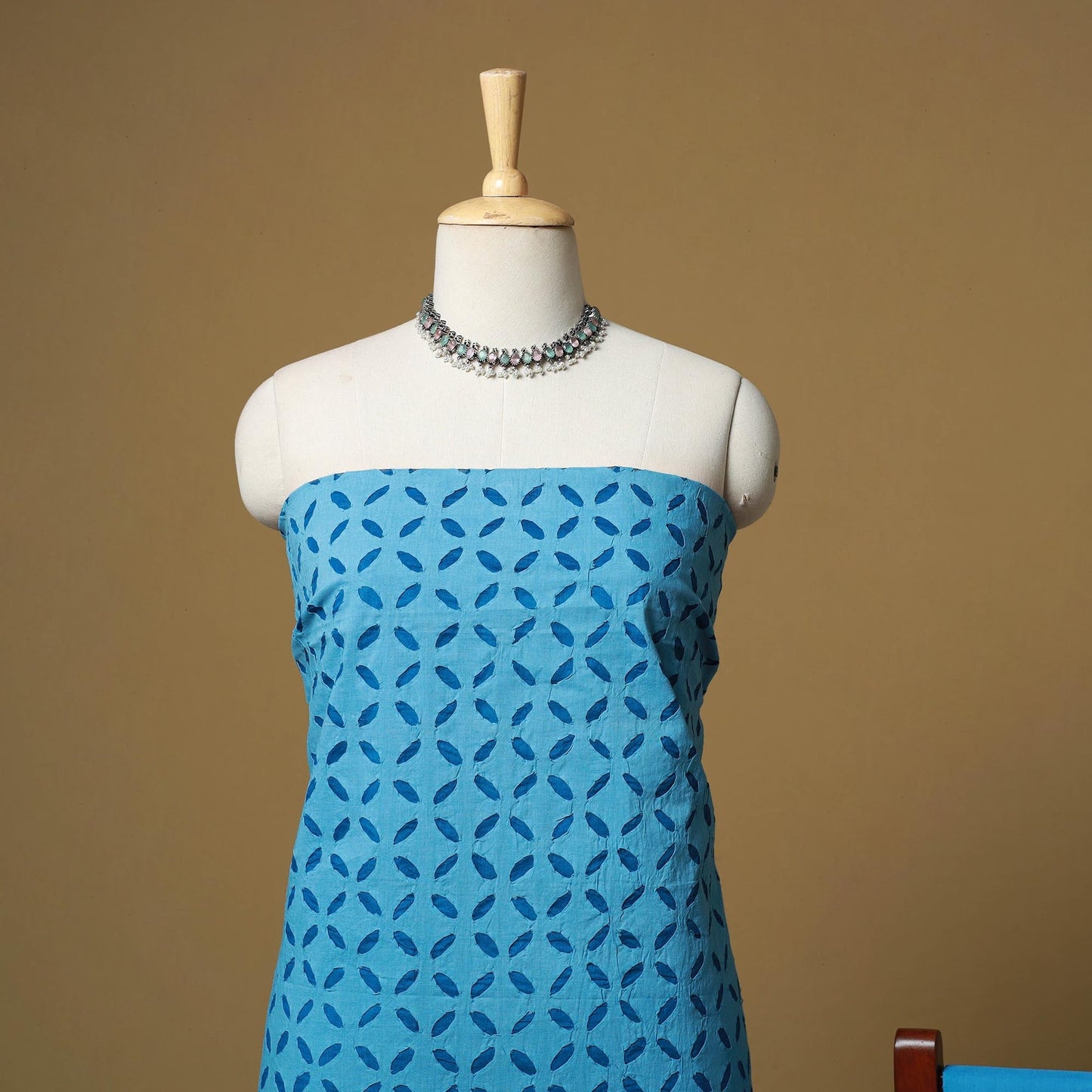 Blue - barmer cut work cotton applique 3pc unstitched dress