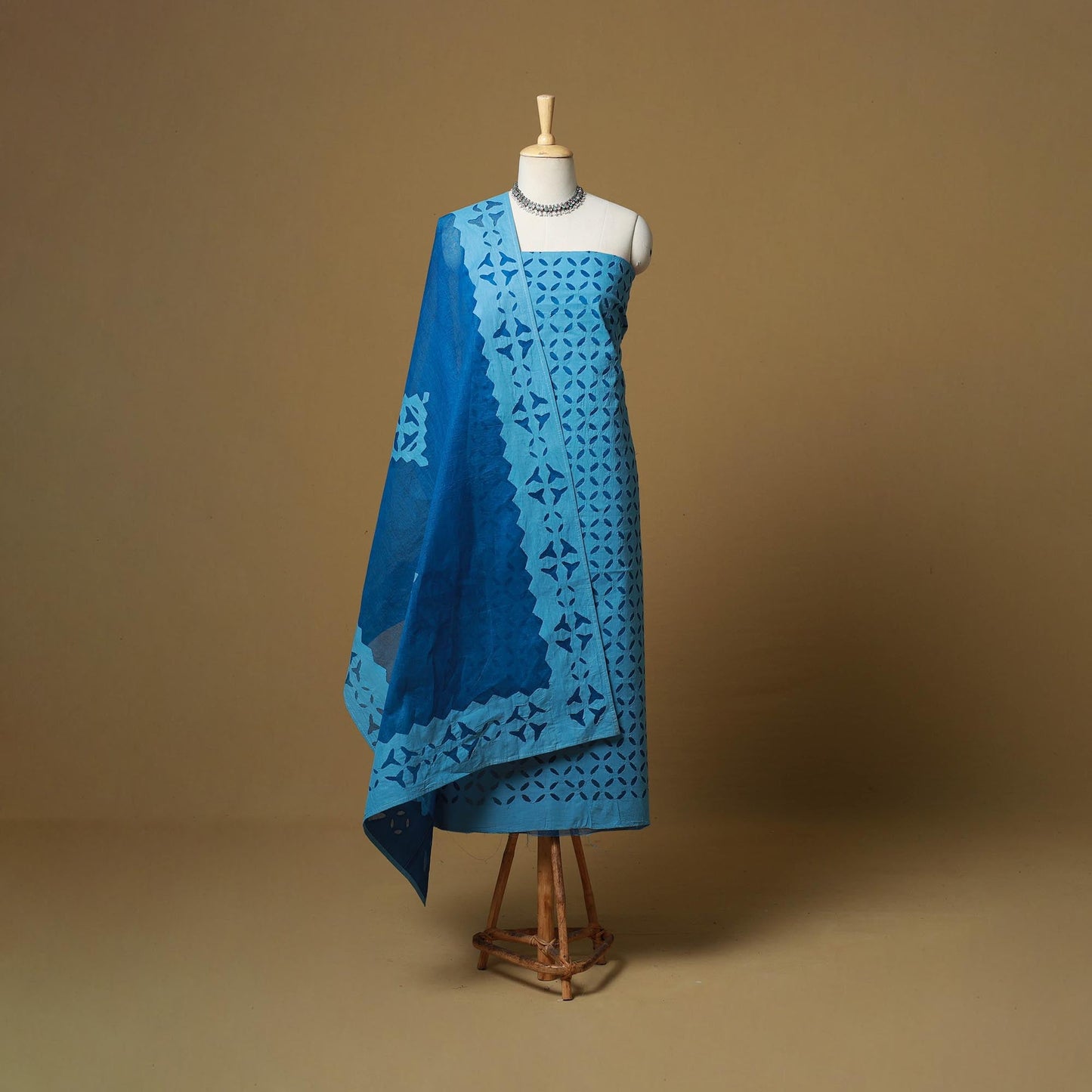 Blue - barmer cut work cotton applique 3pc unstitched dress