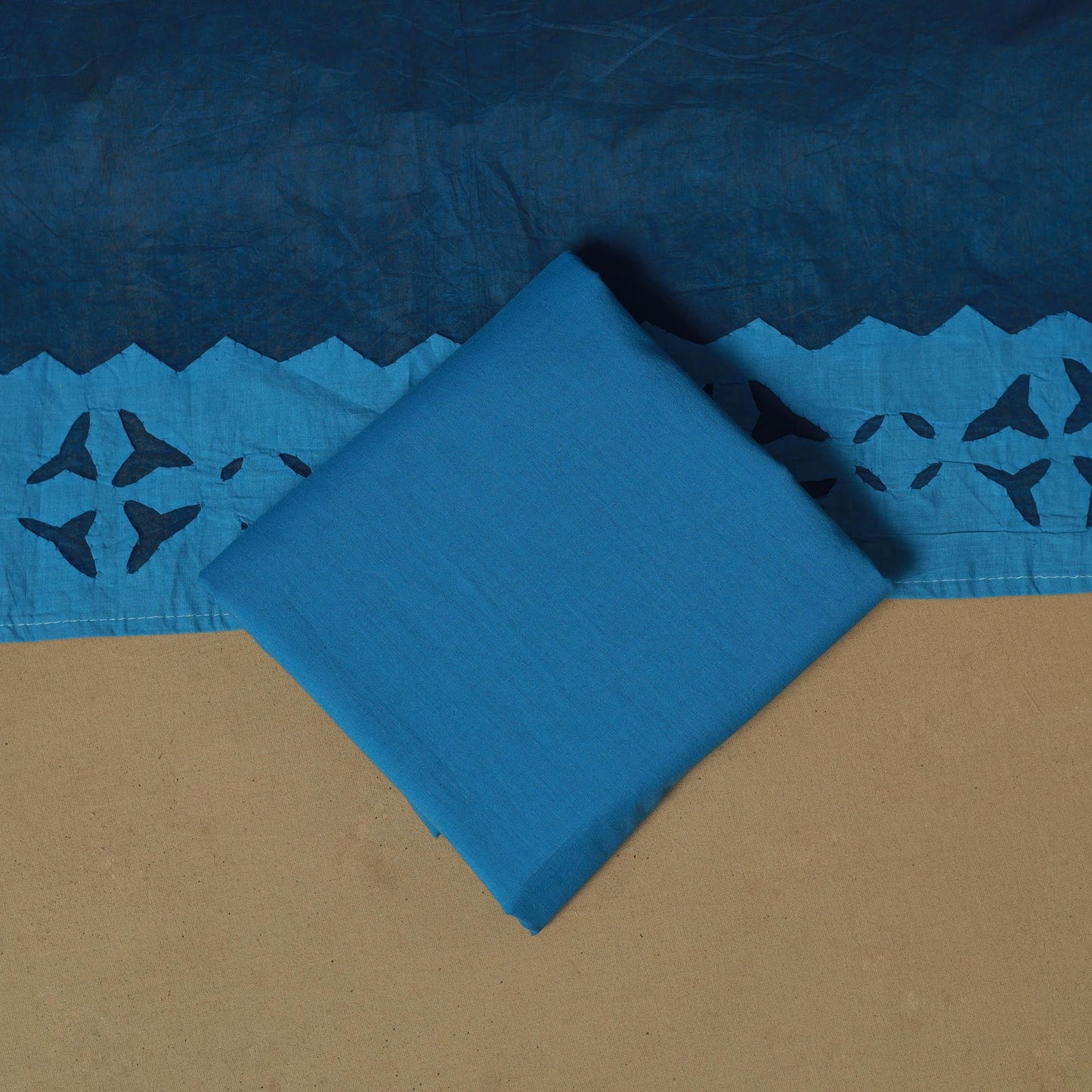 Blue - barmer cut work cotton applique 3pc unstitched dress