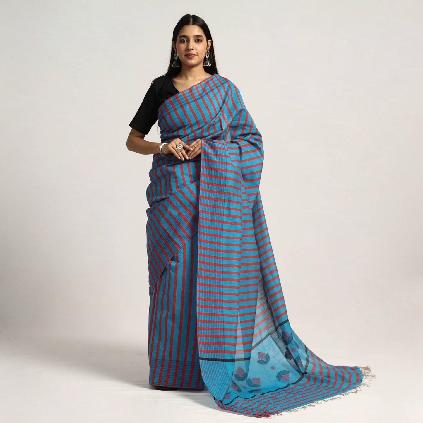 Buy Blue Base Silk Cotton Saree with Red & Black Buti Flower on Pallu with Red Stripes on Body Online l iTokri.com