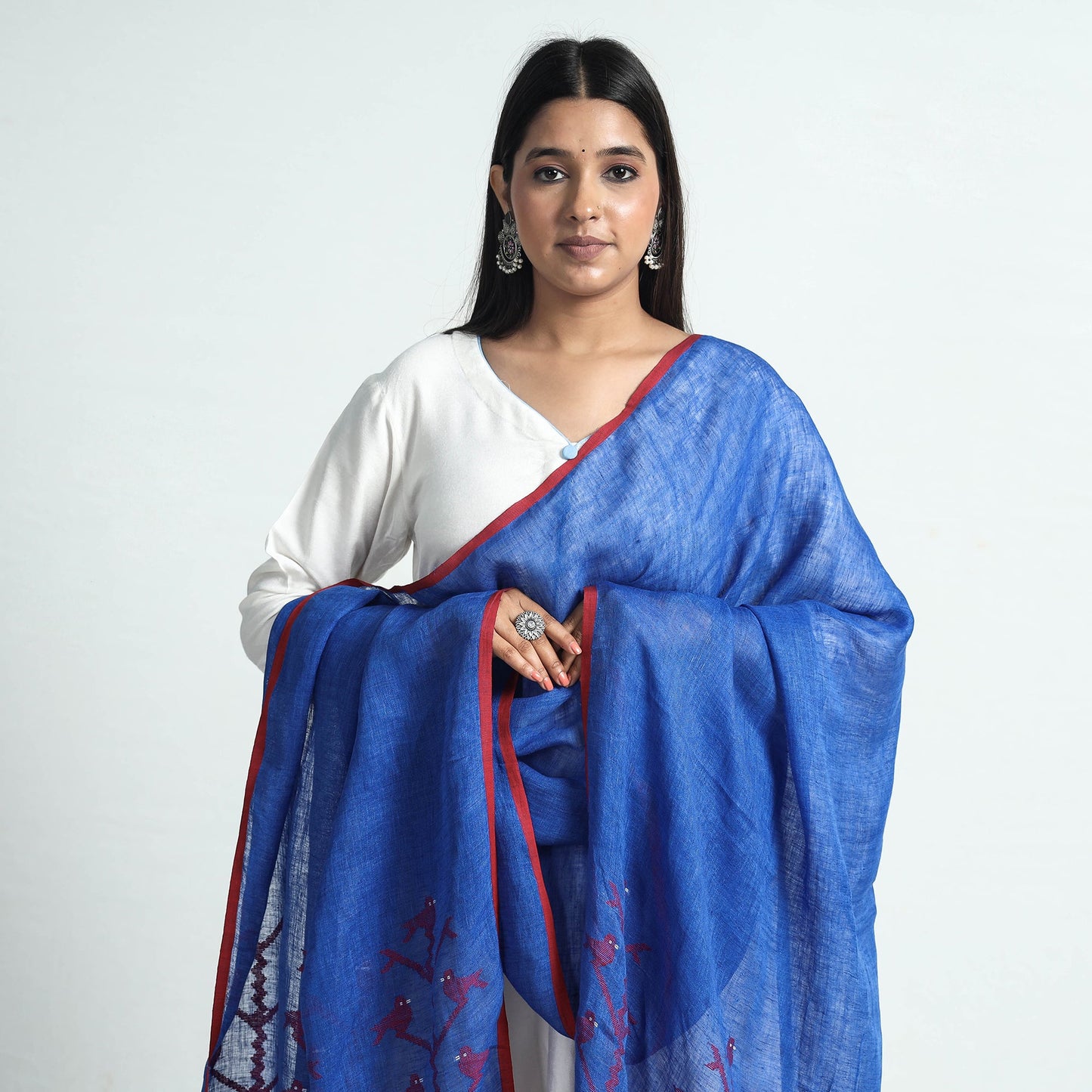 Bengal Jamdani Handloom Silk Dupatta with Tassels