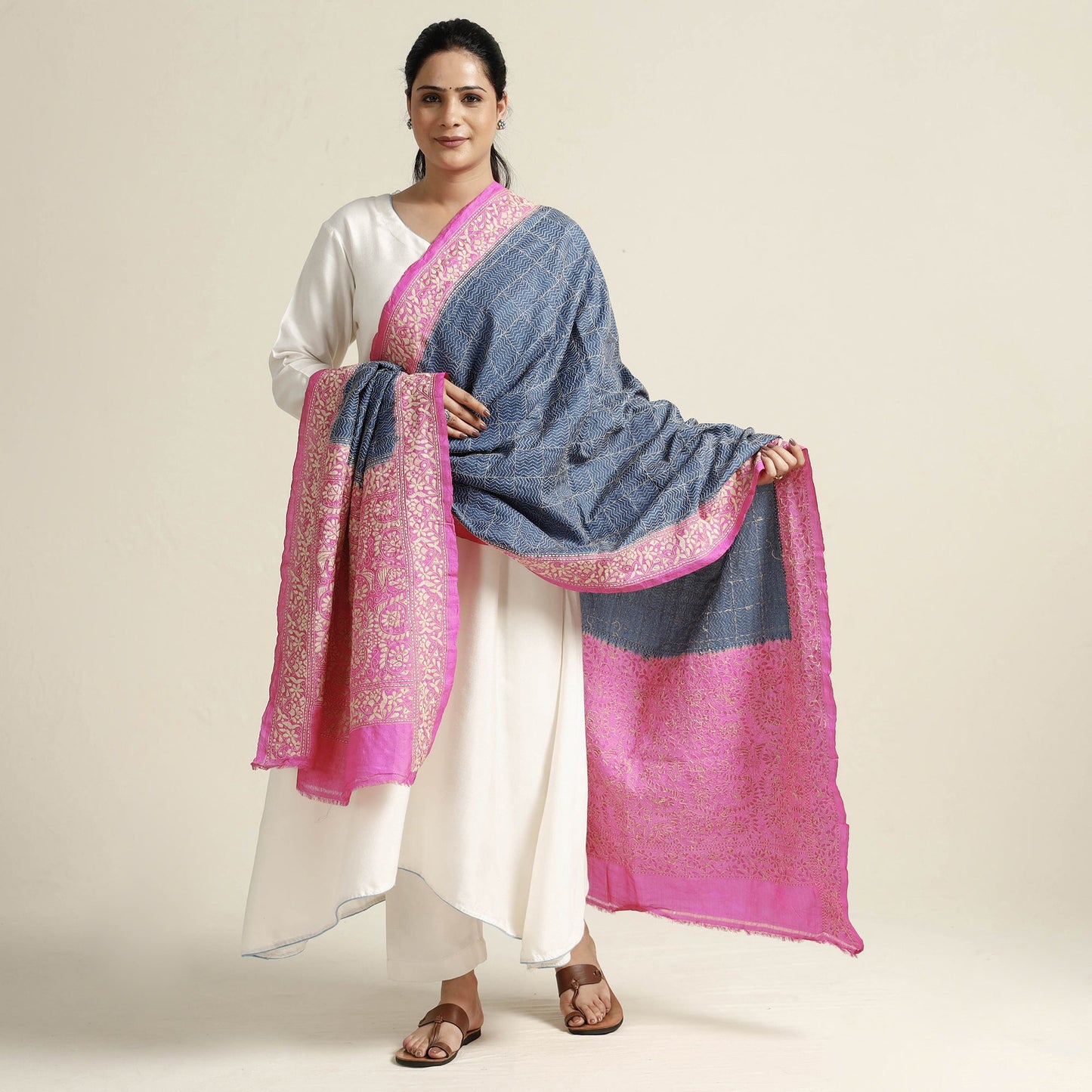 Bengal Kantha Embroidery Tussar Silk Handloom Dupatta