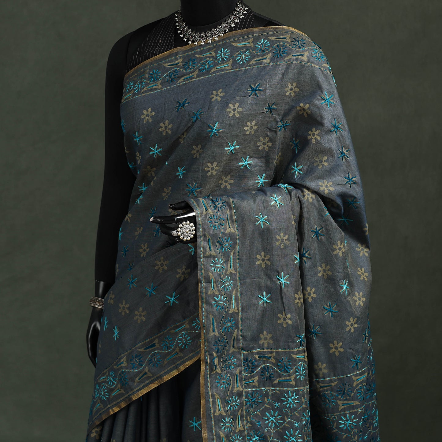 Bengal kantha hand embroidery silk cotton chapa work saree