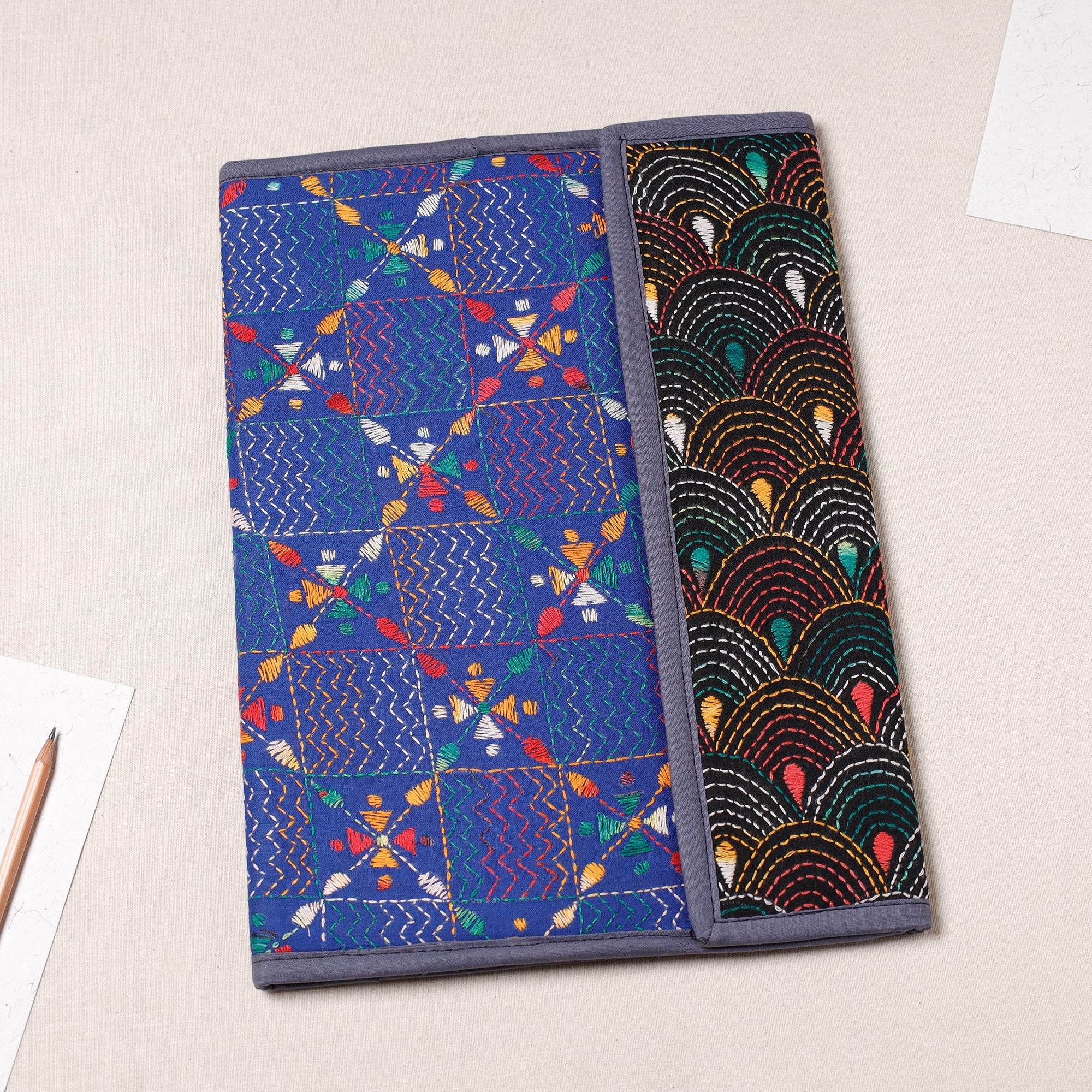 Blue - Handcrafted Bengal Kantha Work File Folder 111