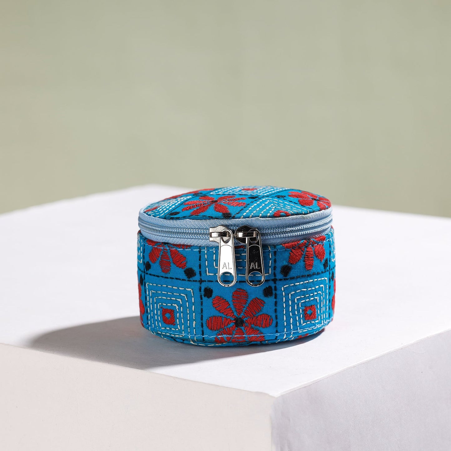 Bengal Kantha Work Handcrafted Round Blue Utility Box