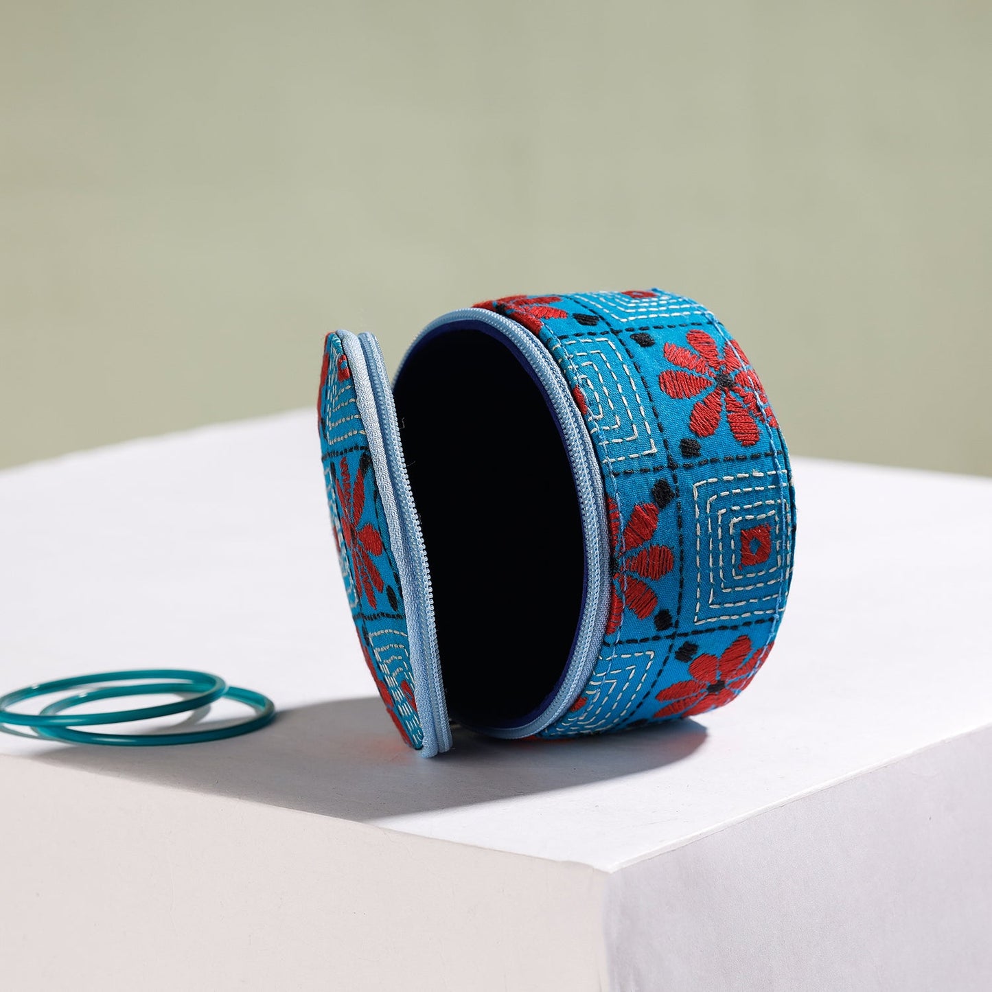 Bengal Kantha Work Handcrafted Round Blue Utility Box
