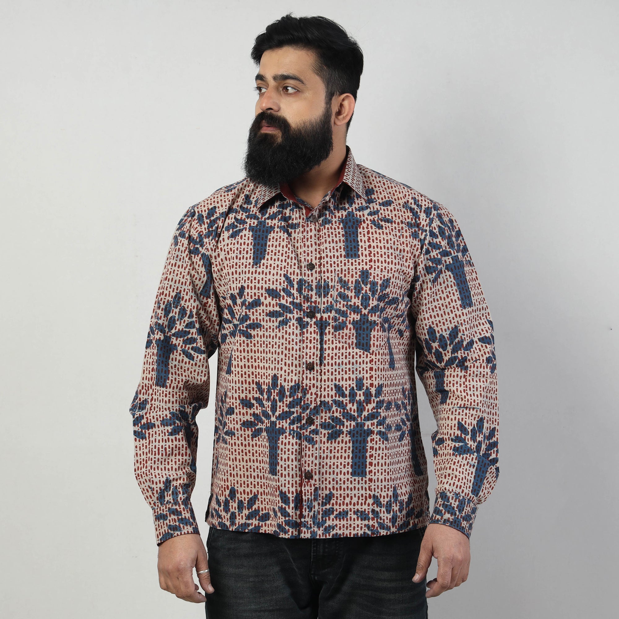 Blue - Bindaas Block Art Printed Cotton Round Neck T-shirt