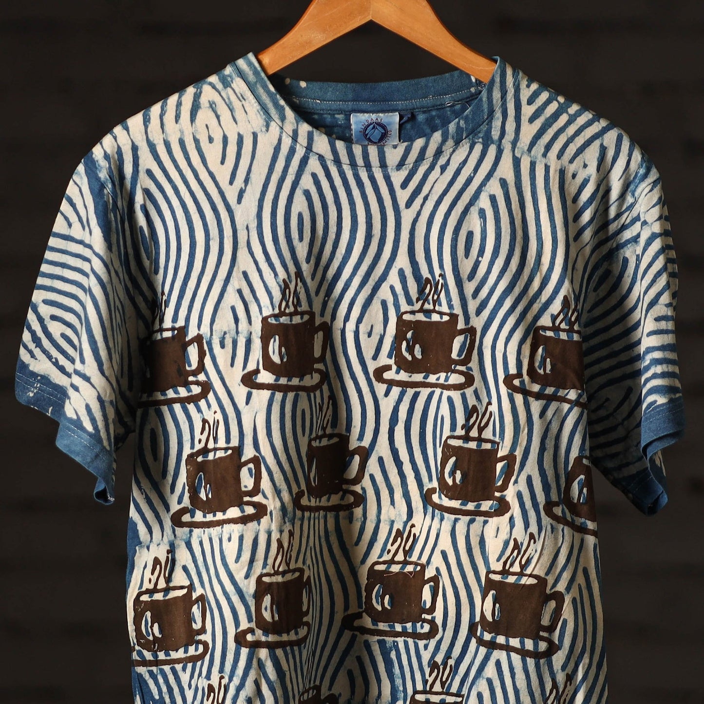 Blue Block Art Prints Natural Dyed Cotton Round Neck T-shirt