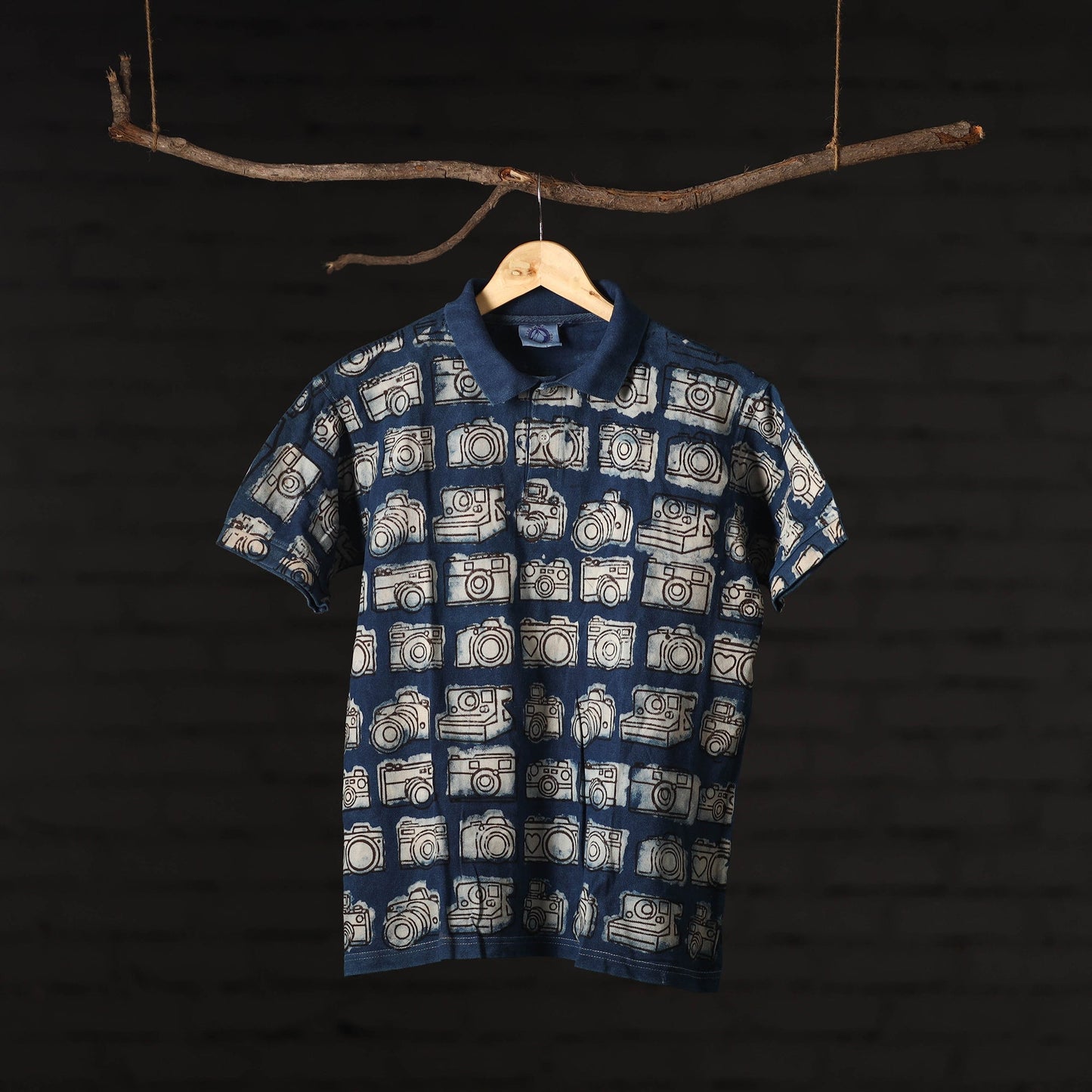 Blue - Bindaas Natural Dyed Art Block Print Polo Collar T-shirt in Cotton